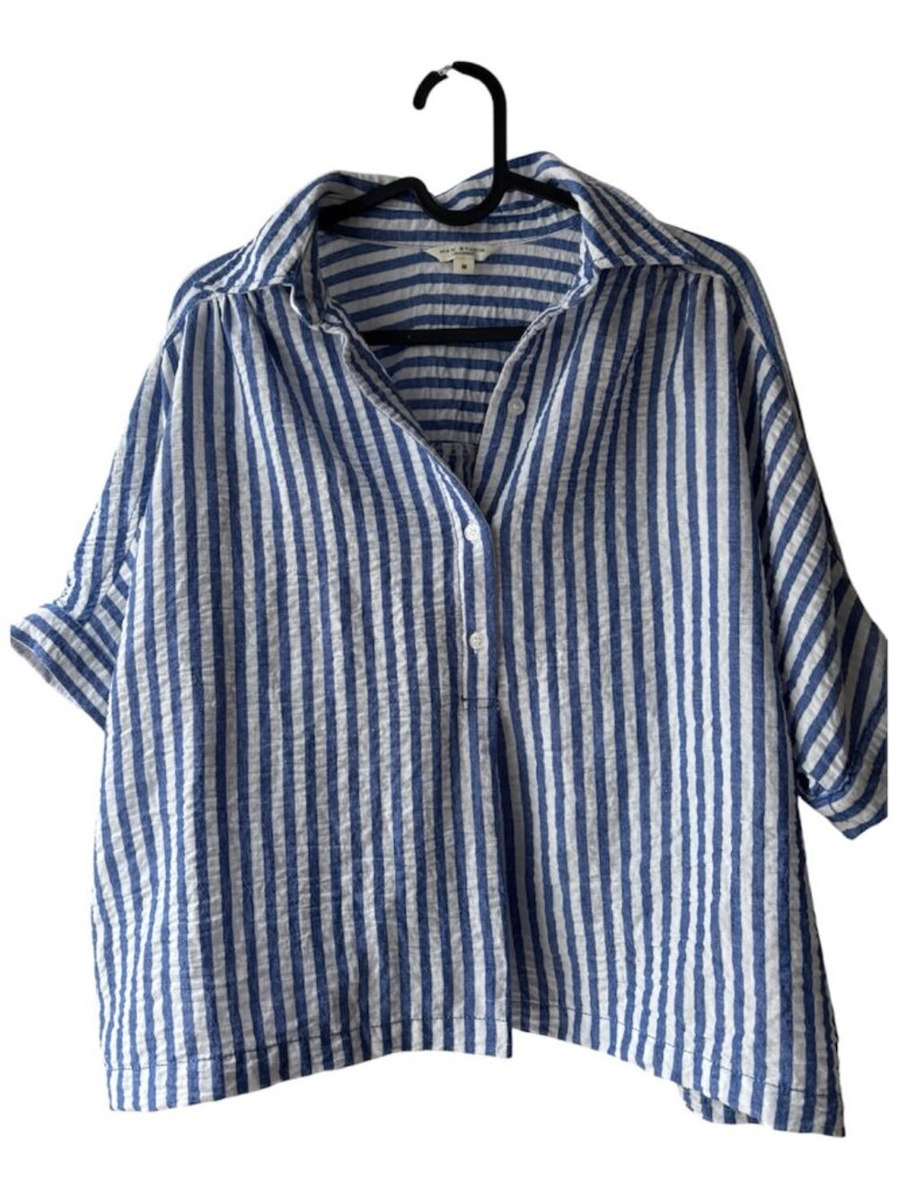 Medium Max Studio Seersucker Oversized Women Blouse Shirt Blue and White Stripes